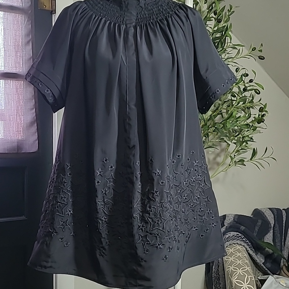 Rungolee Silk Short Sleeve Brooklyn Blouse With Lace Embroidered Stars Medium